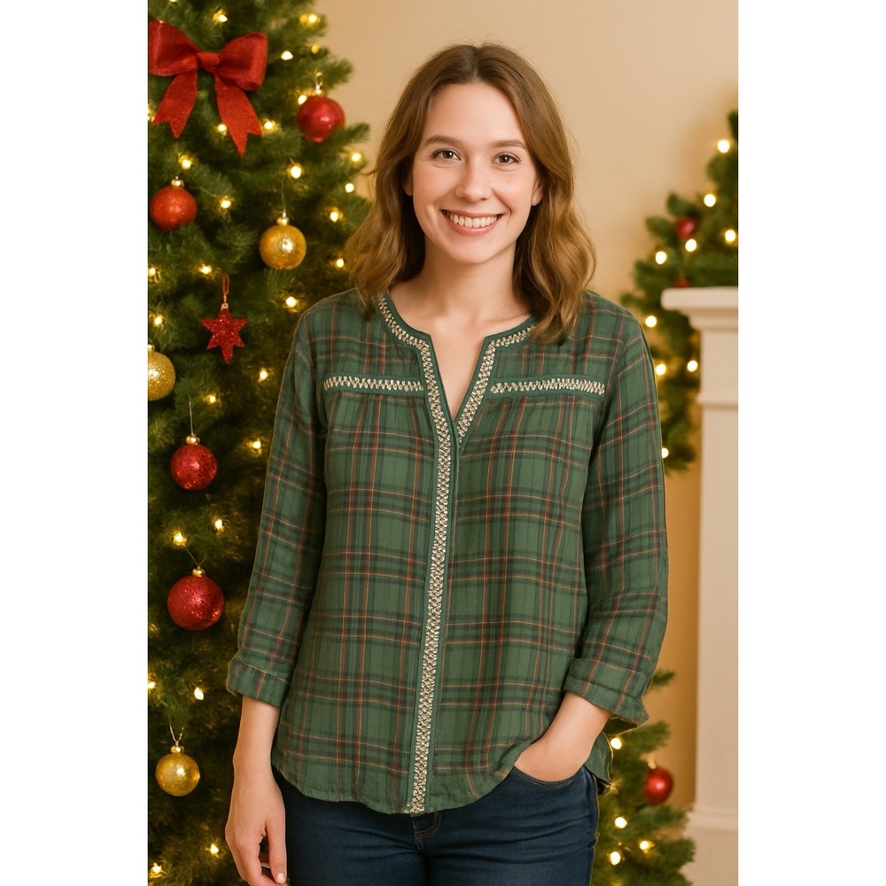 J. Crew Embroidered Peasant Top Blouse 8 Red Green Plaid Cotton Boho Christmas M